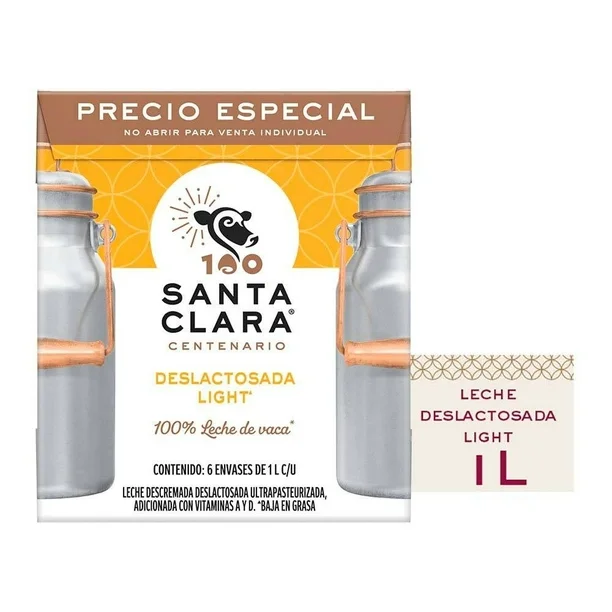 Leche Santa Clara deslactosada light caja con 6 pzas 1 l c/u