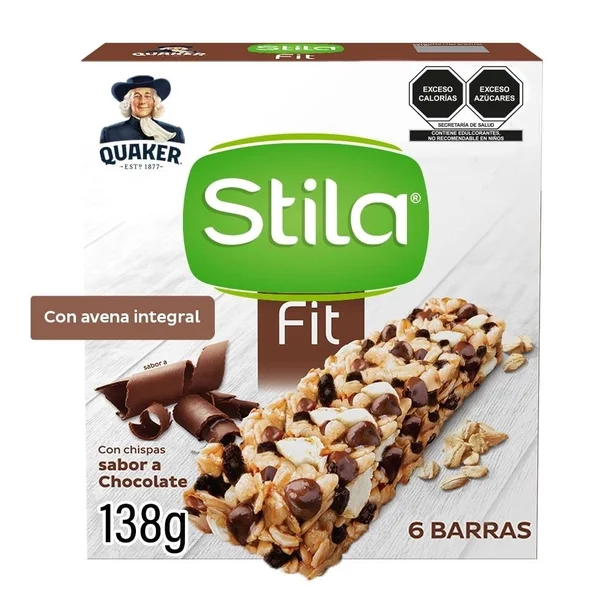 Barra de avena integral Quaker Stila fit con chispas sabor chocolate 138 g